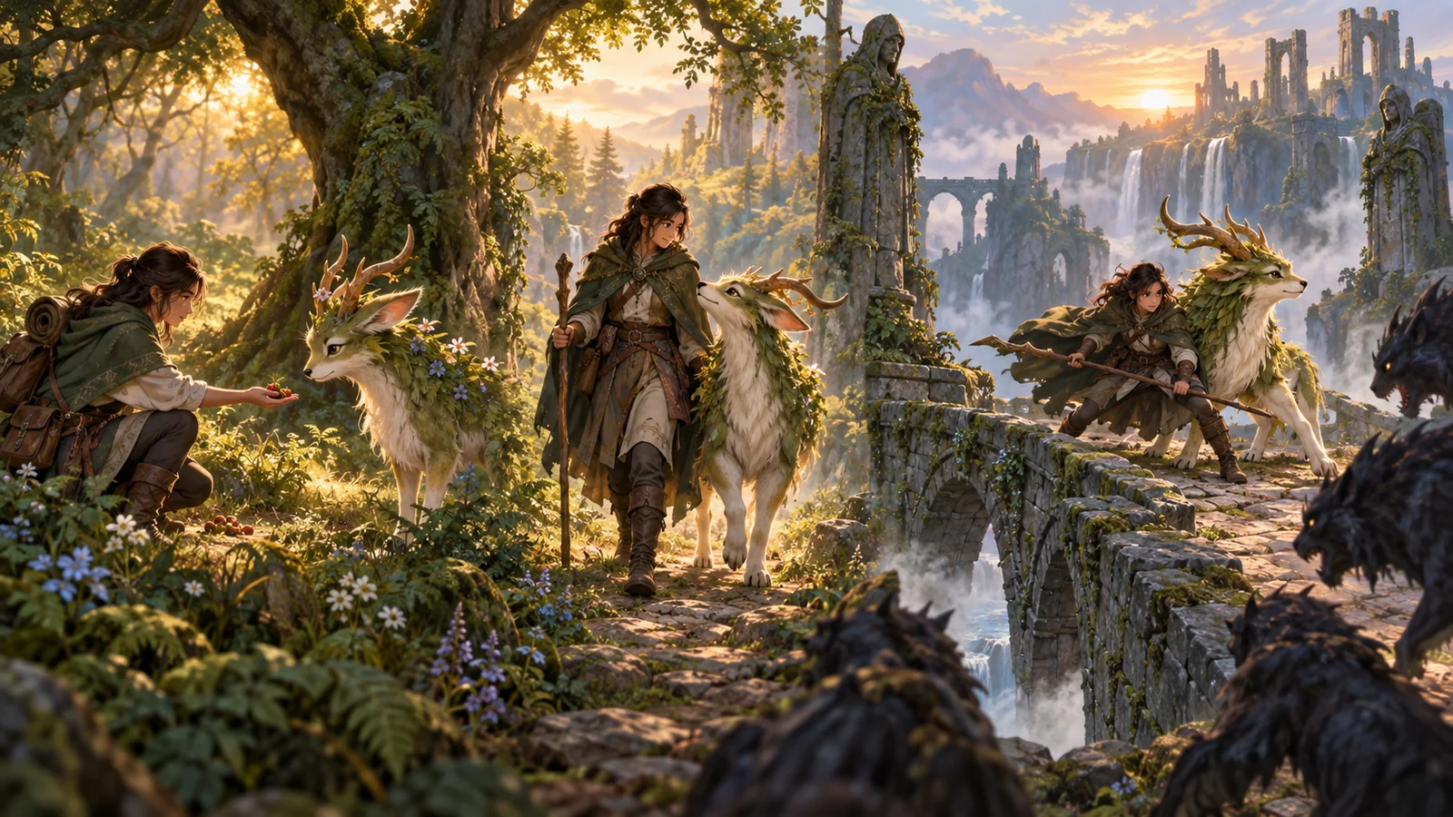 A keeper patiently builds trust with an original forest companion across an adventure.