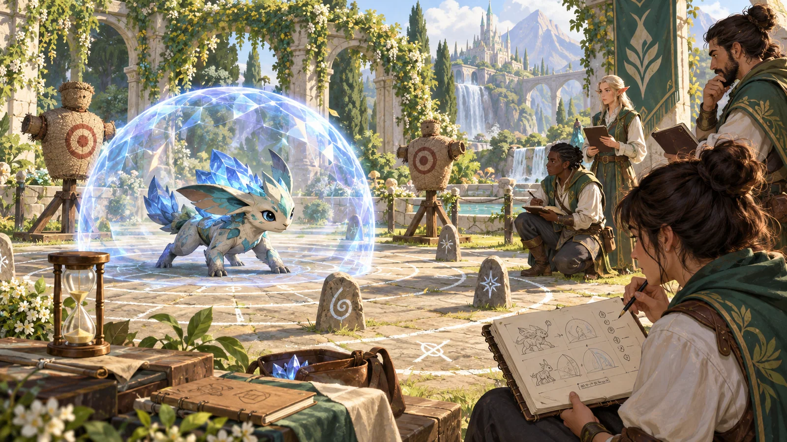 Designers observe an original crystal creature testing a barrier in a fantasy training garden.