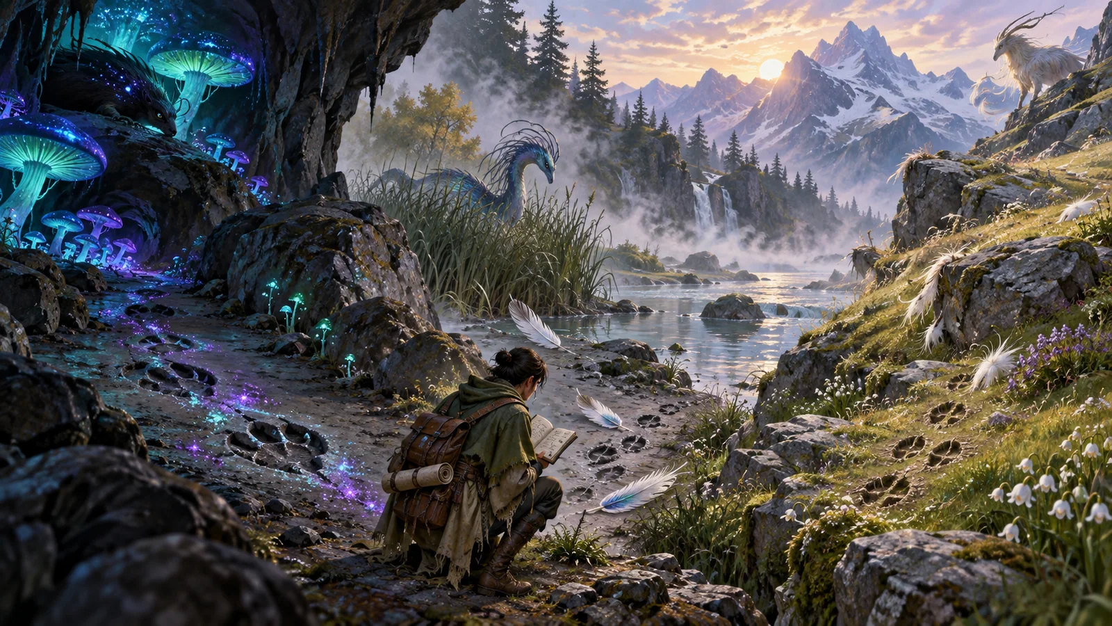 A fantasy field researcher follows creature clues across cave, river, and alpine habitats.