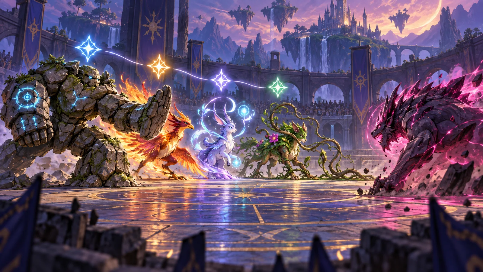 Four original companion creatures read a glowing turn sequence before an enemy attack.
